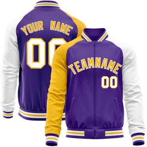 Custom Purple White-Yellow Varsity Full-Zip Raglan Sleeves Letterman Baseball Jacket