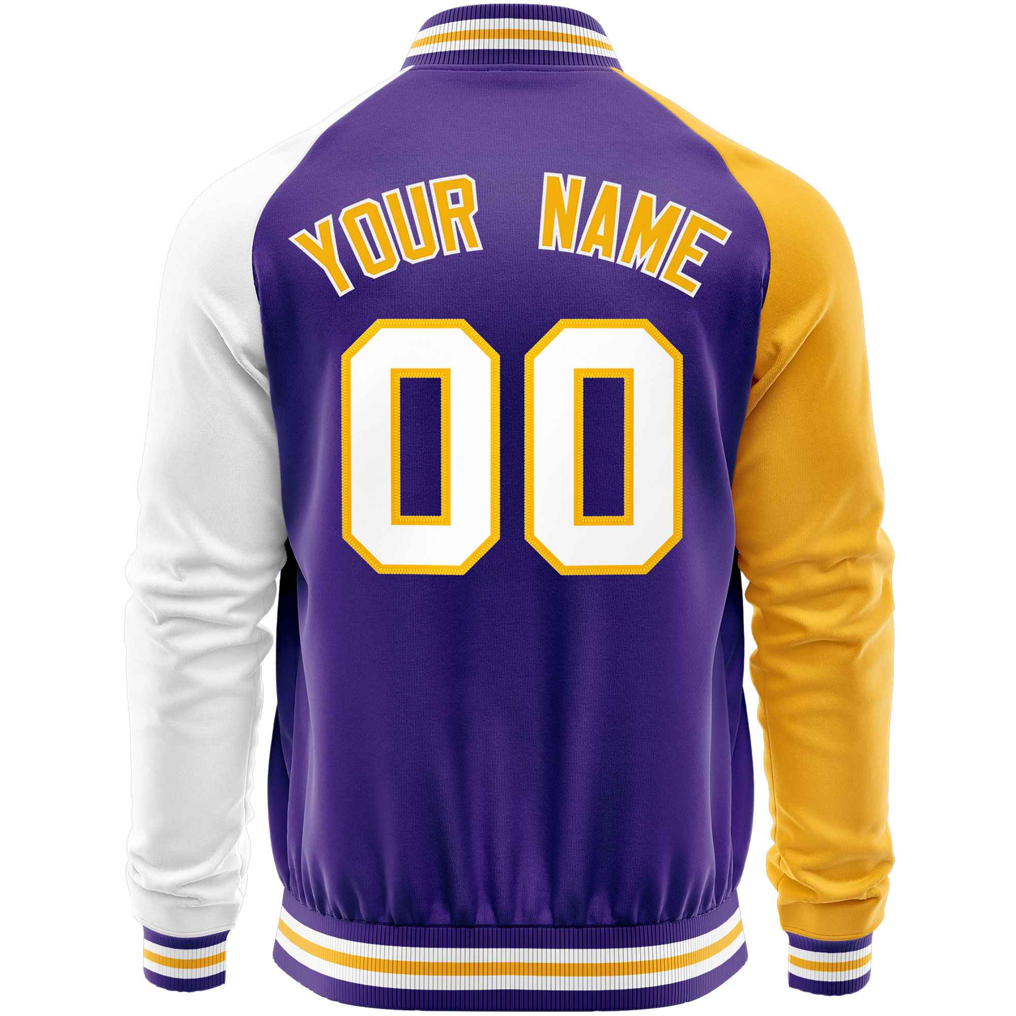 Custom Purple White-Yellow Varsity Full-Zip Raglan Sleeves Letterman Baseball Jacket