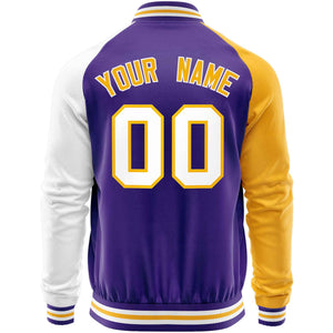 Custom Purple White-Yellow Varsity Full-Zip Raglan Sleeves Letterman Baseball Jacket