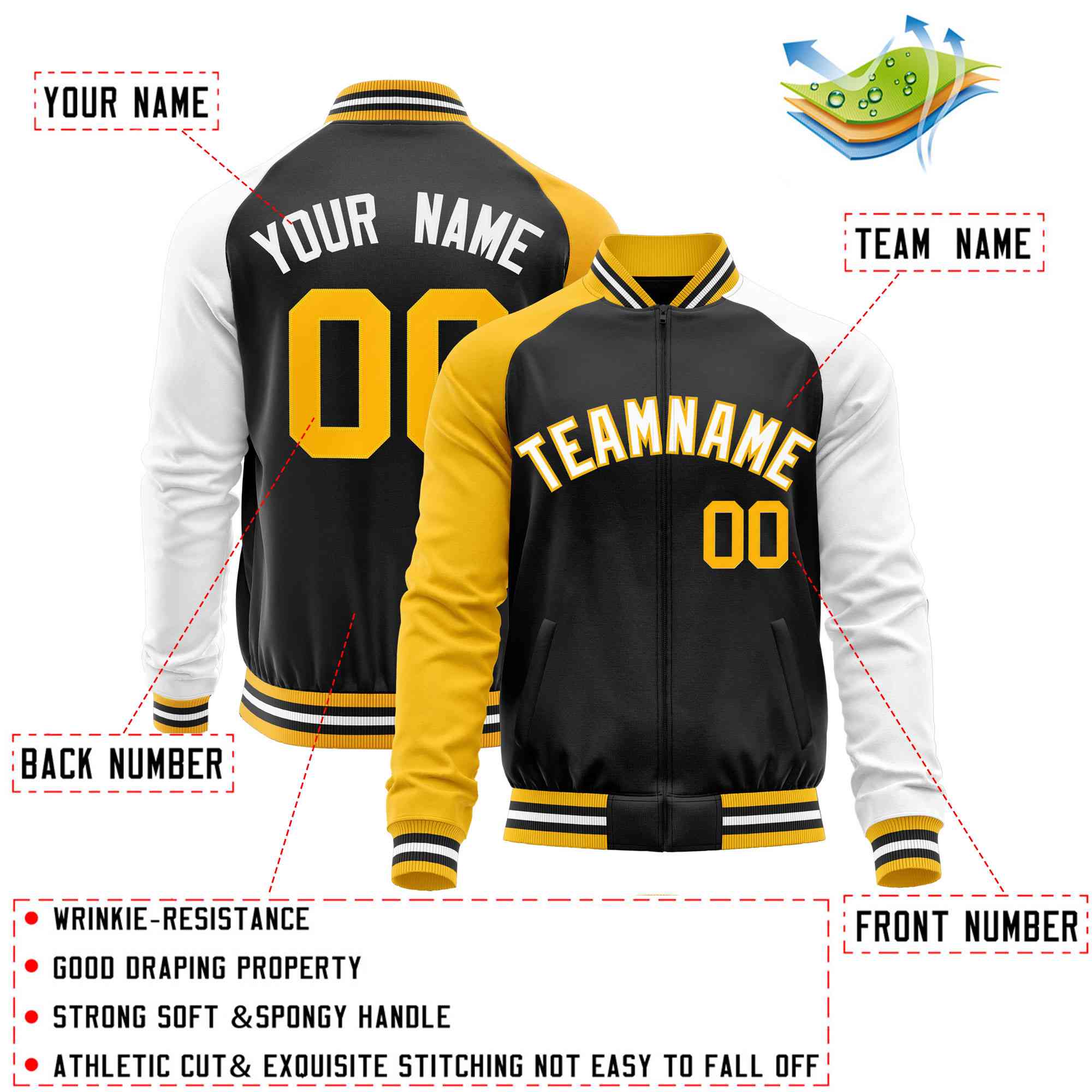 Custom Black White-Yellow Varsity Full-Zip Raglan Sleeves Letterman Baseball Jacket