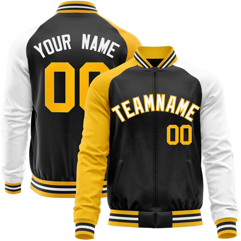 Custom Black White-Yellow Varsity Full-Zip Raglan Sleeves Letterman Baseball Jacket