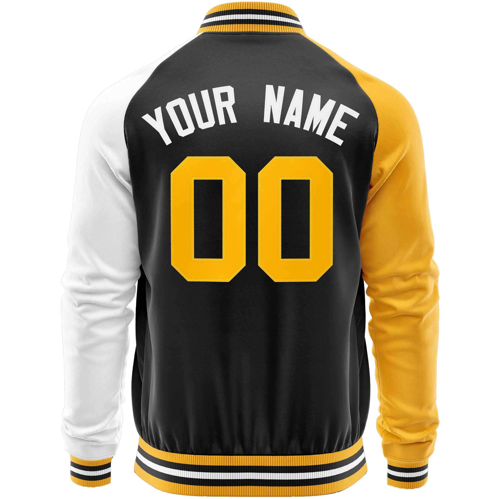 Custom Black White-Yellow Varsity Full-Zip Raglan Sleeves Letterman Baseball Jacket