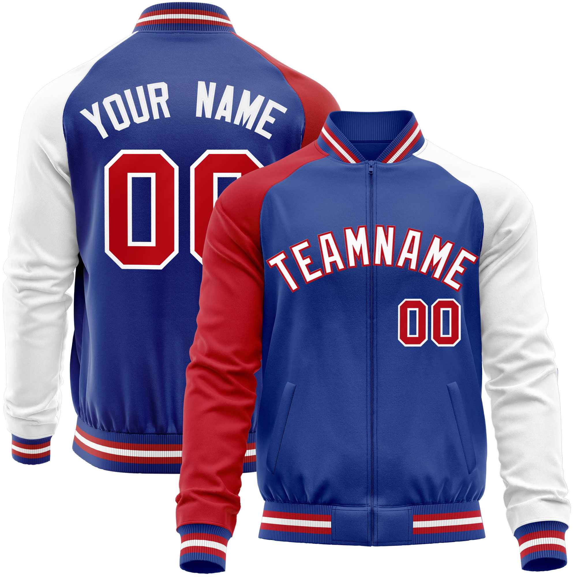 Custom Royal White-Red Varsity Full-Zip Raglan Sleeves Letterman Baseball Jacket