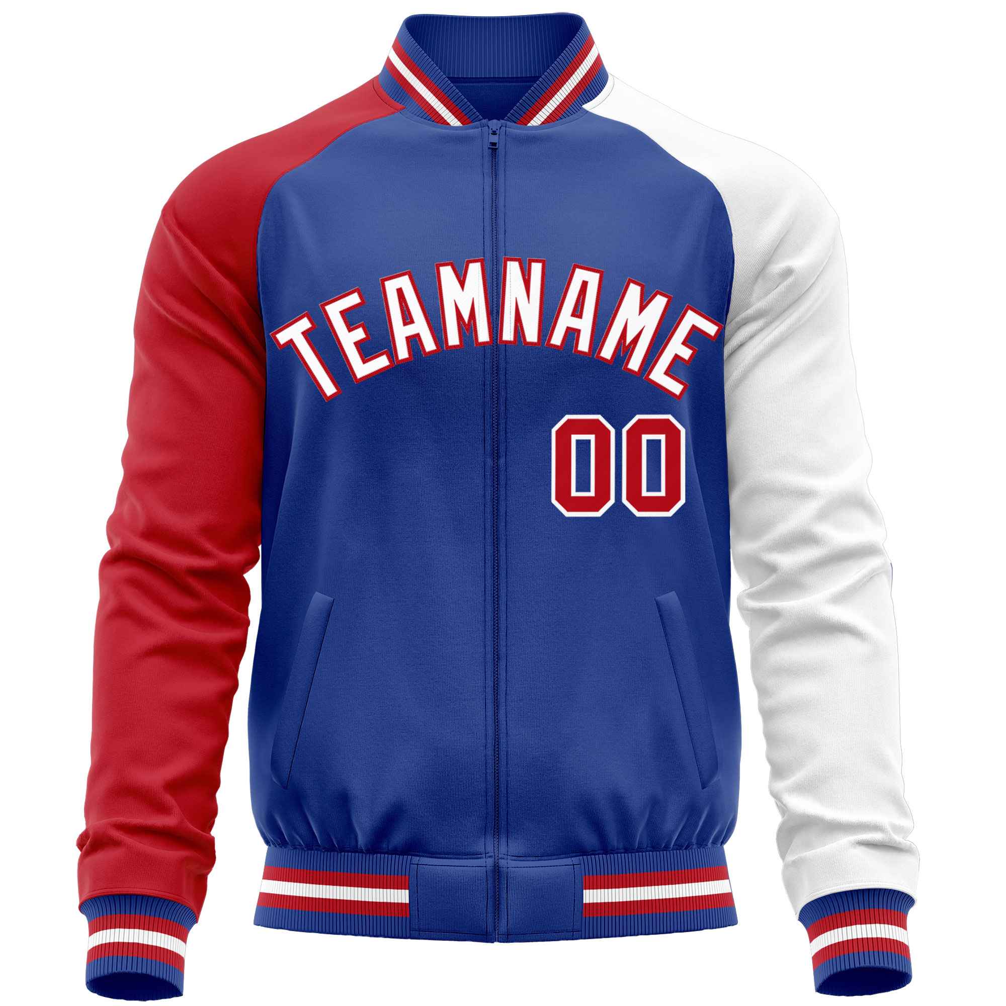 Custom Royal White-Red Varsity Full-Zip Raglan Sleeves Letterman Baseball Jacket