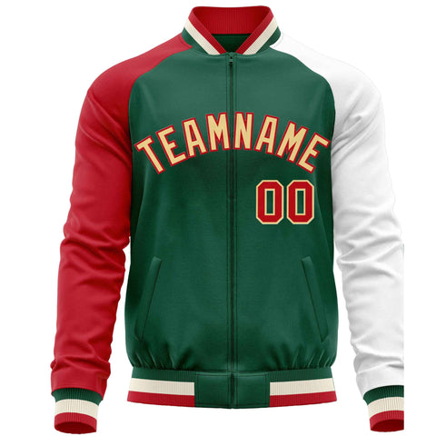 Custom Green White-Red Varsity Full-Zip Raglan Sleeves Letterman Baseball Jacket