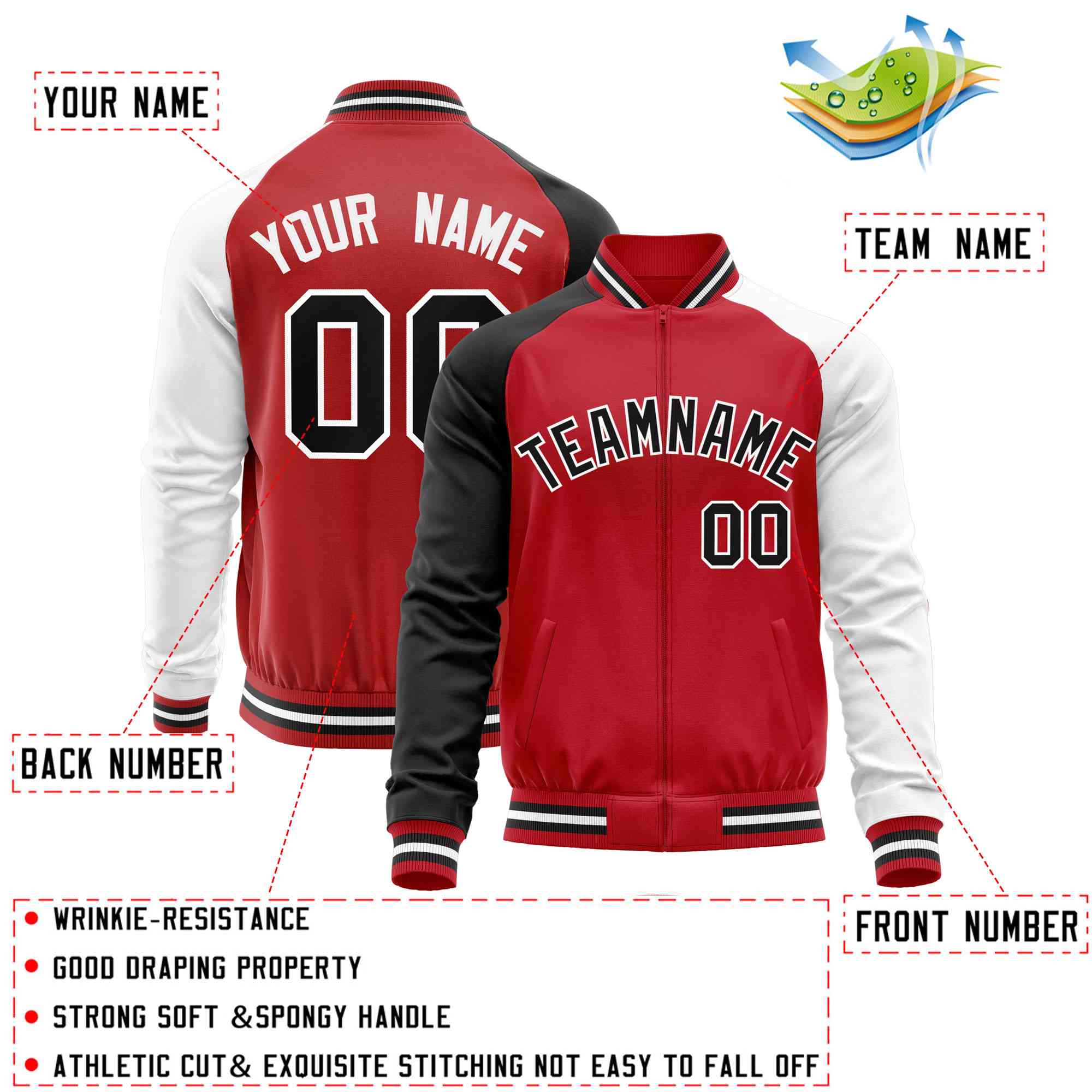 Custom Red White-Black Varsity Full-Zip Raglan Sleeves Letterman Baseball Jacket