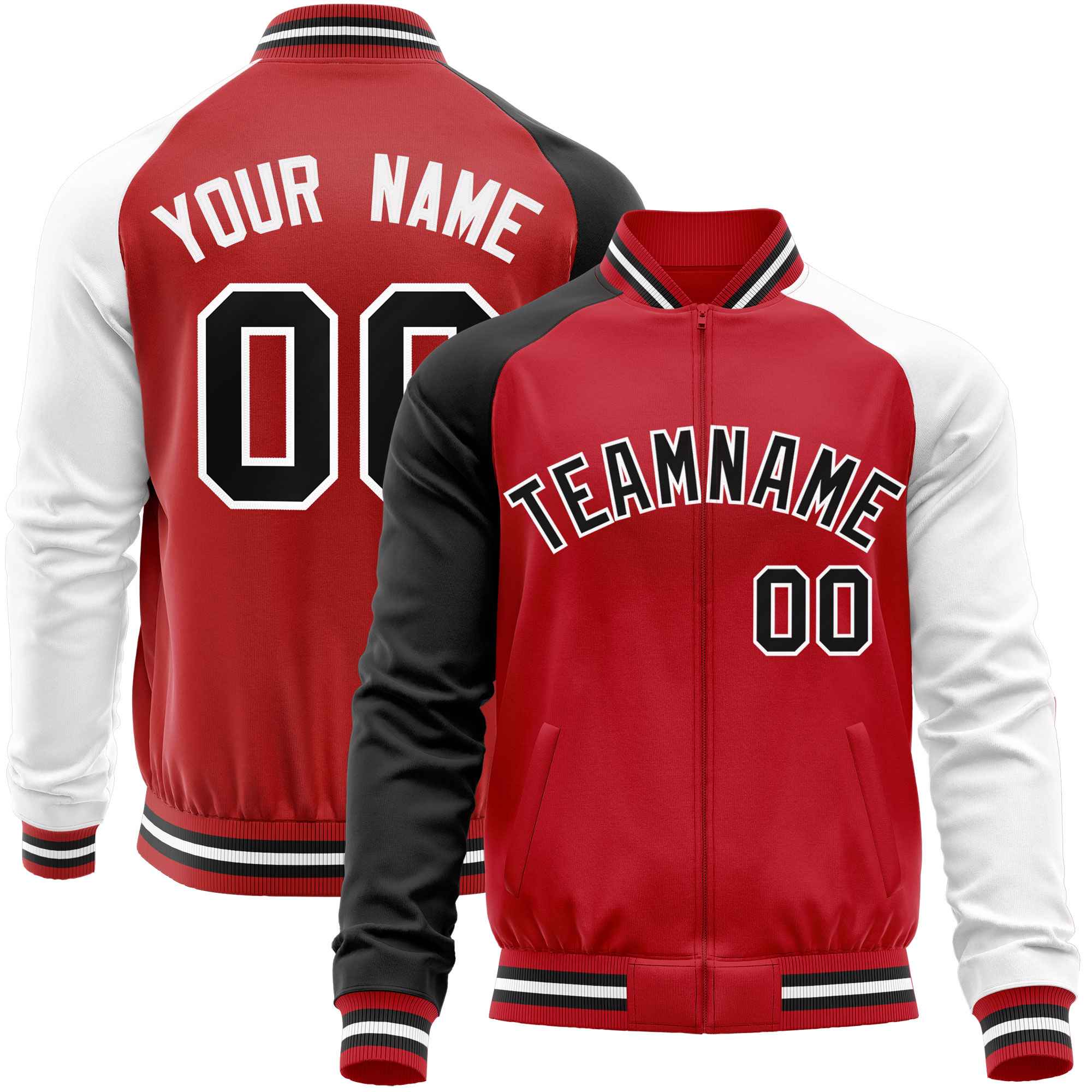 Custom Red White-Black Varsity Full-Zip Raglan Sleeves Letterman Baseball Jacket