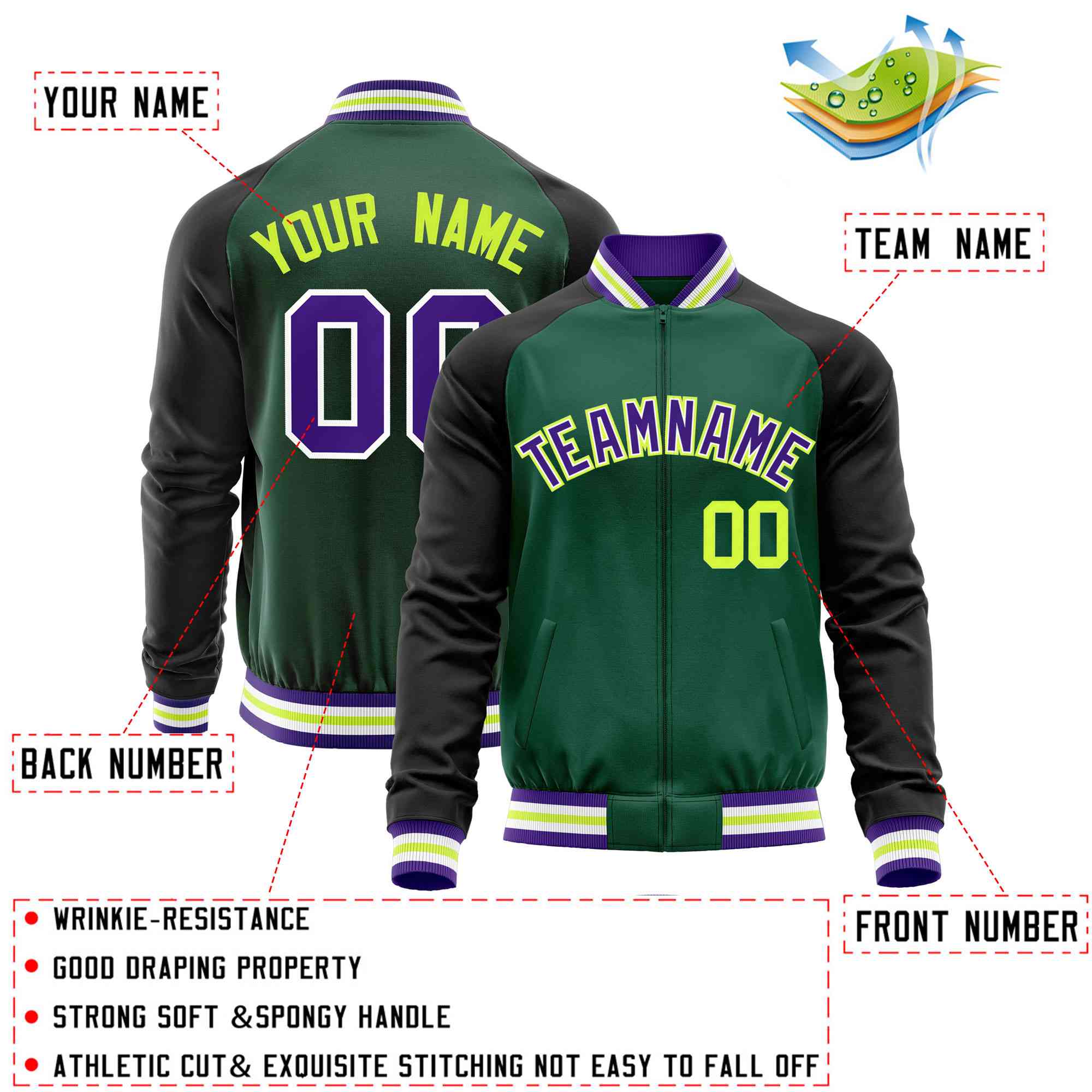 Custom Green Black Varsity Full-Zip Raglan Sleeves Letterman Baseball Jacket