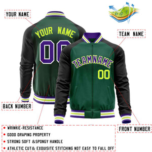 Custom Green Black Varsity Full-Zip Raglan Sleeves Letterman Baseball Jacket