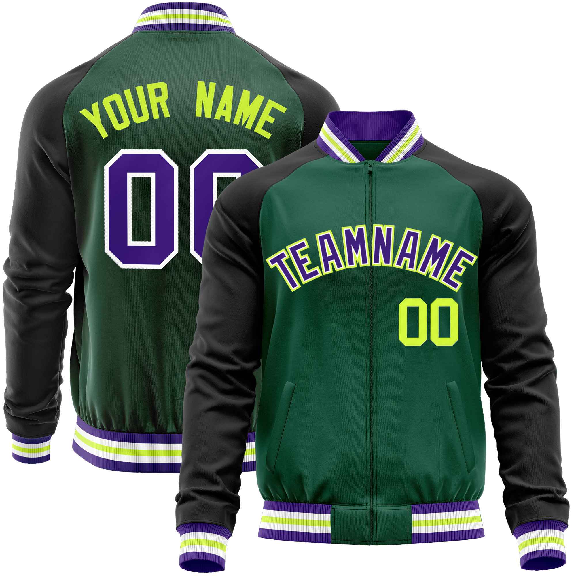 Custom Green Black Varsity Full-Zip Raglan Sleeves Letterman Baseball Jacket