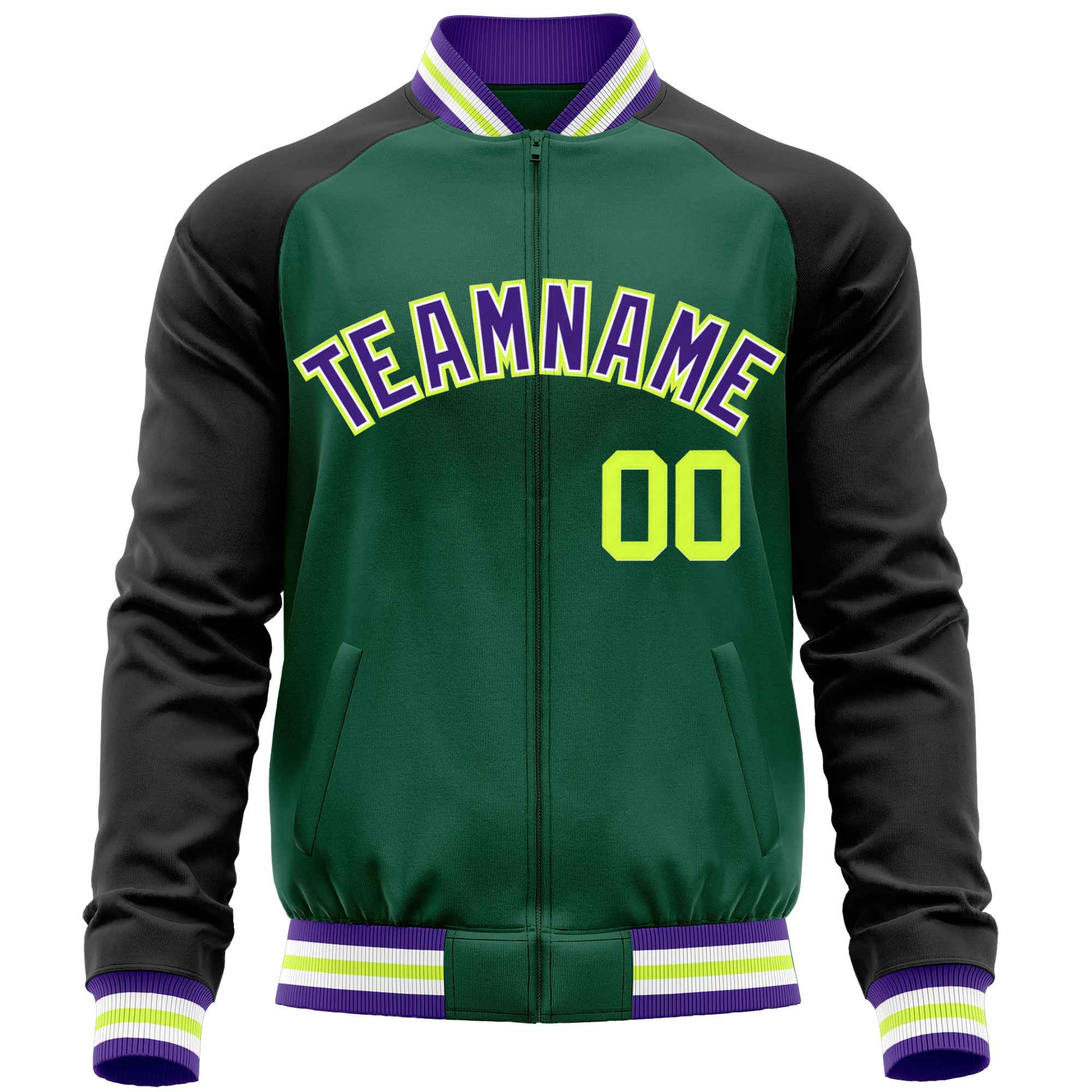 Custom Green Black Varsity Full-Zip Raglan Sleeves Letterman Baseball Jacket