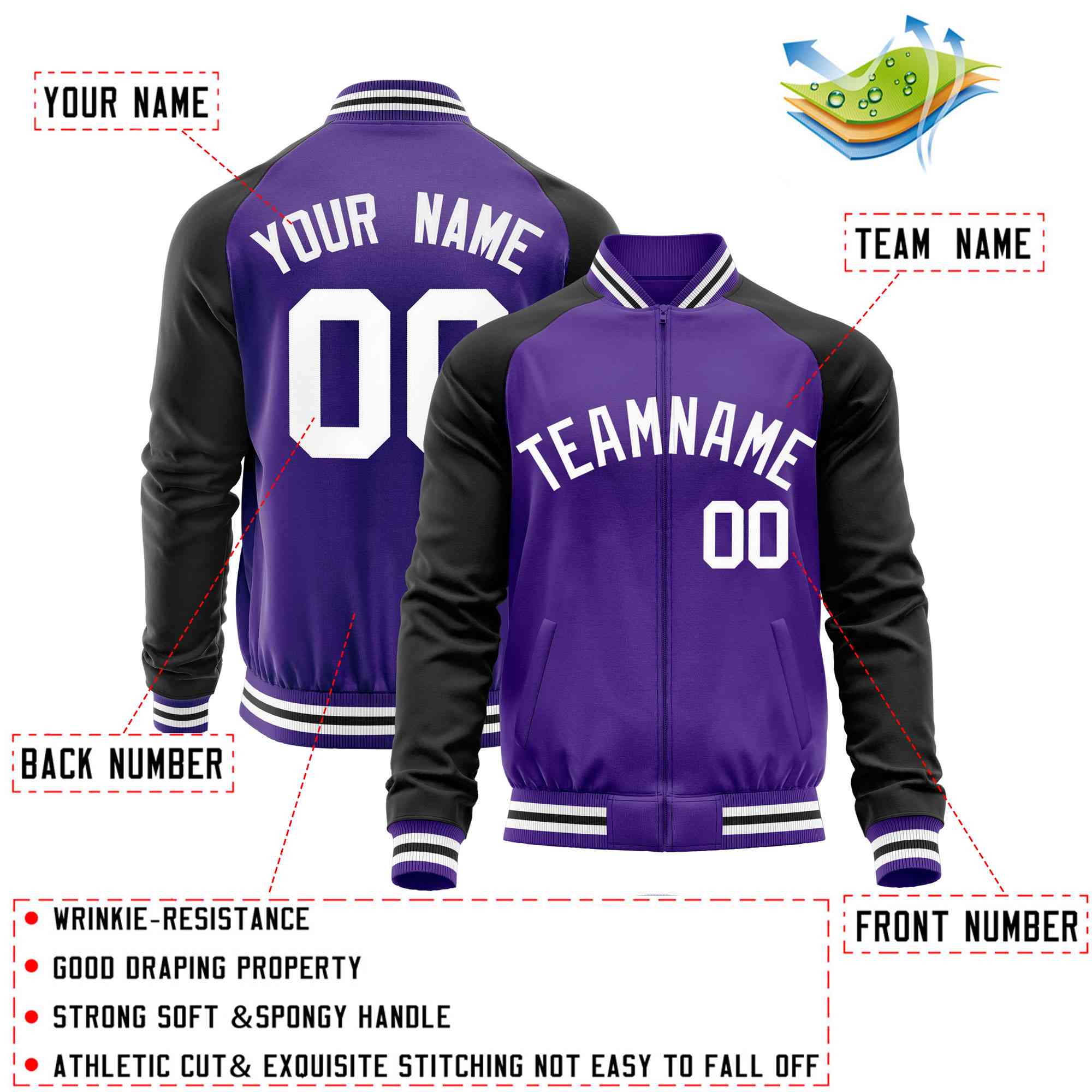 Custom Purple Black Varsity Full-Zip Raglan Sleeves Letterman Baseball Jacket