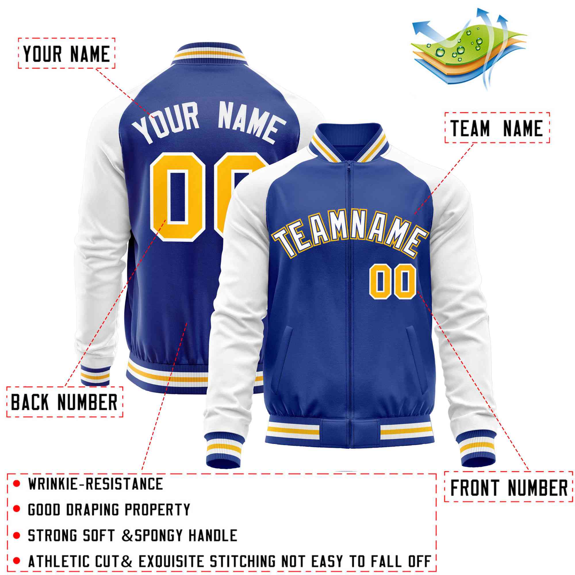 Custom Royal White Varsity Full-Zip Raglan Sleeves Letterman Baseball Jacket