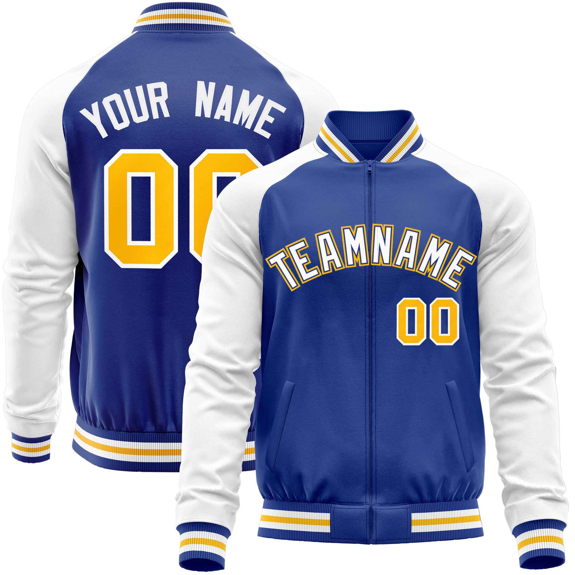 Custom Royal White Varsity Full-Zip Raglan Sleeves Letterman Baseball Jacket