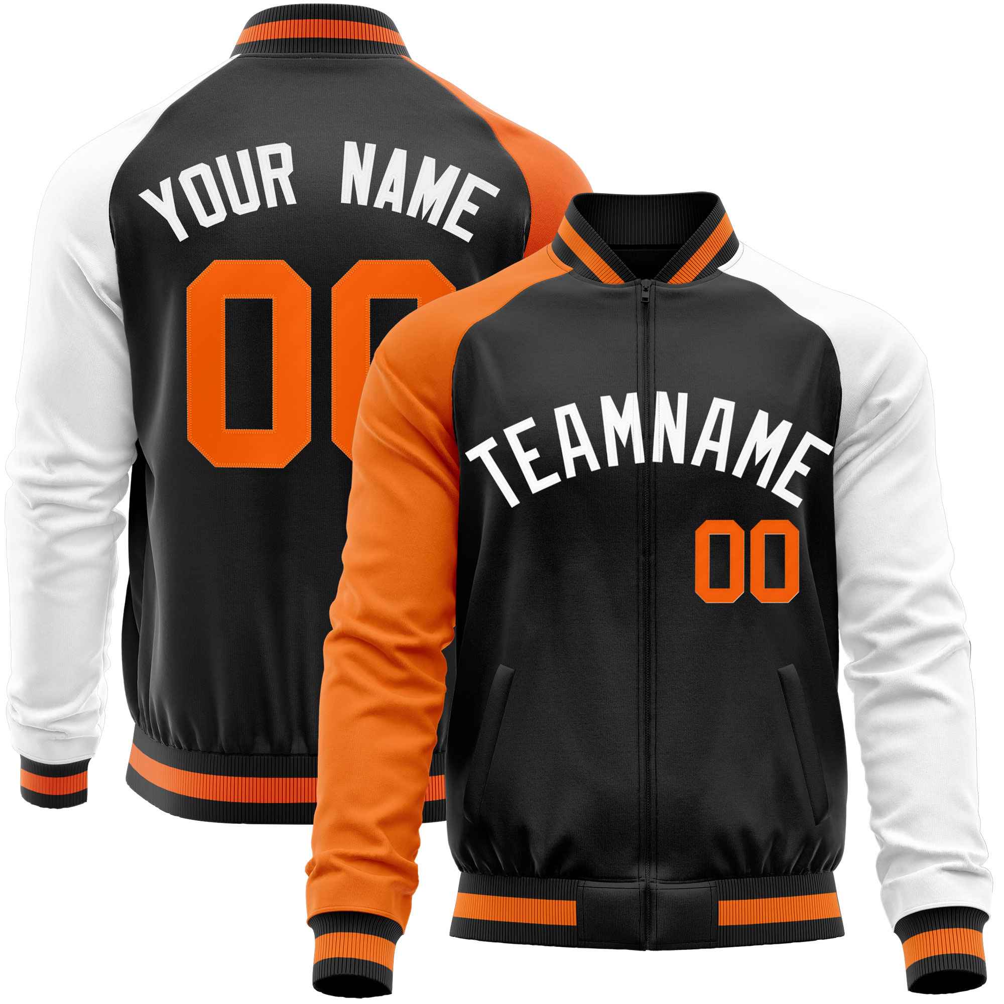 Custom Black White-Orange Varsity Full-Zip Raglan Sleeves Letterman Baseball Jacket