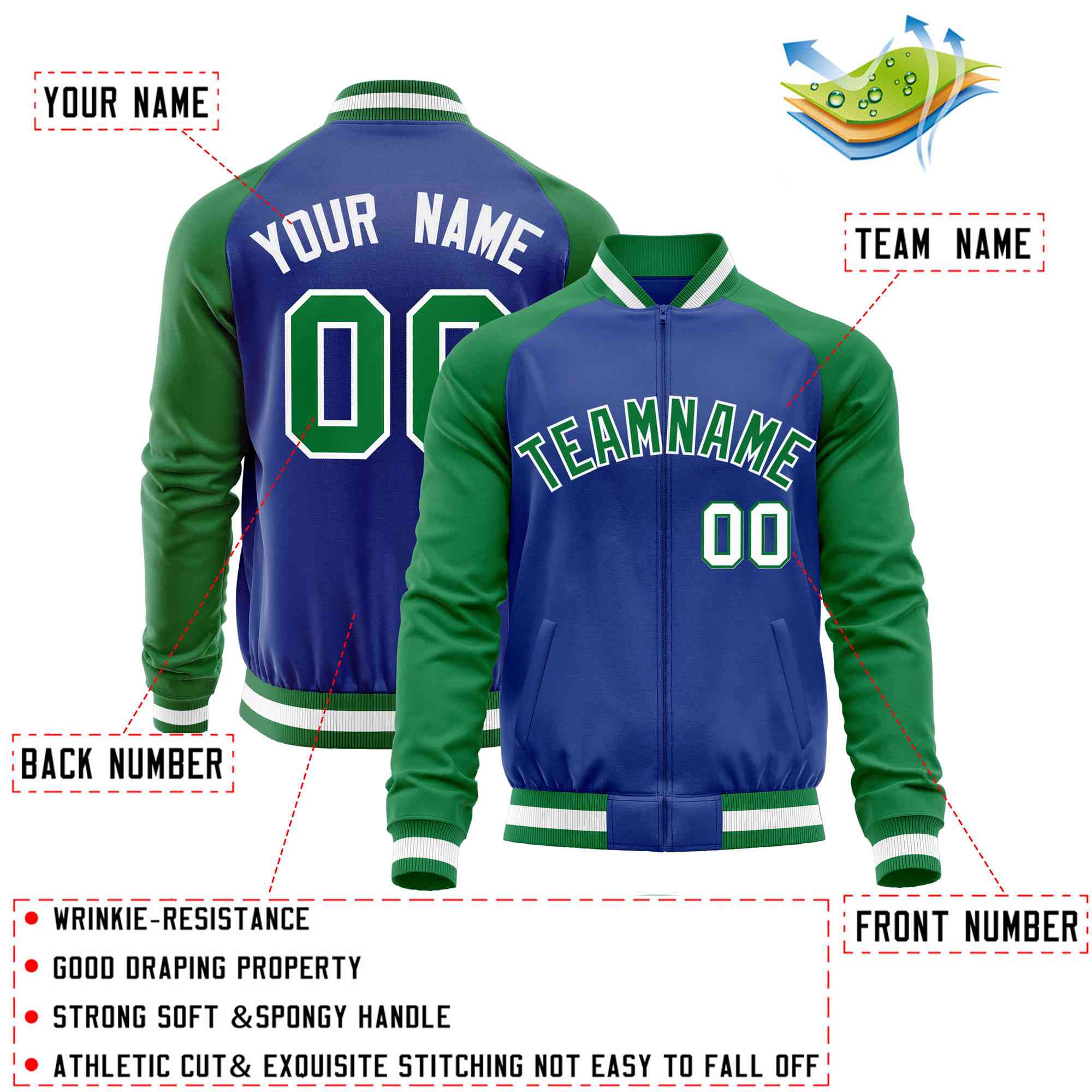 Custom Royal Kelly Green Varsity Full-Zip Raglan Sleeves Letterman Baseball Jacket