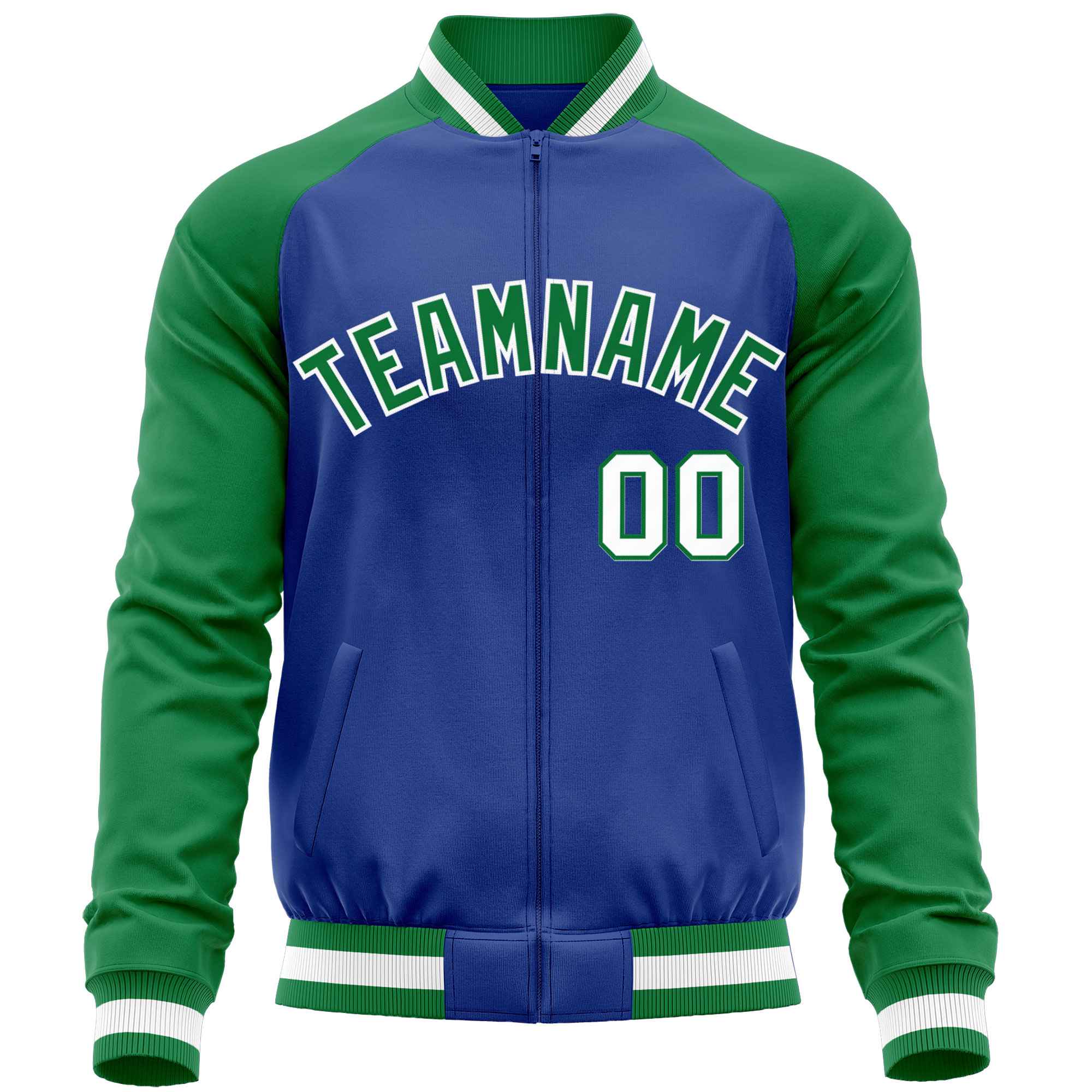 Custom Royal Kelly Green Varsity Full-Zip Raglan Sleeves Letterman Baseball Jacket