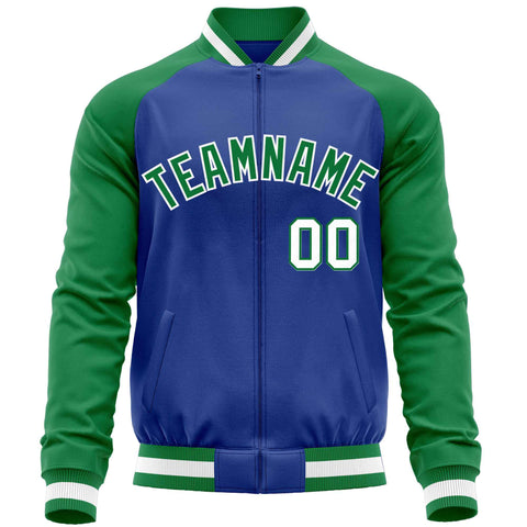 Custom Royal Kelly Green Varsity Full-Zip Raglan Sleeves Letterman Baseball Jacket
