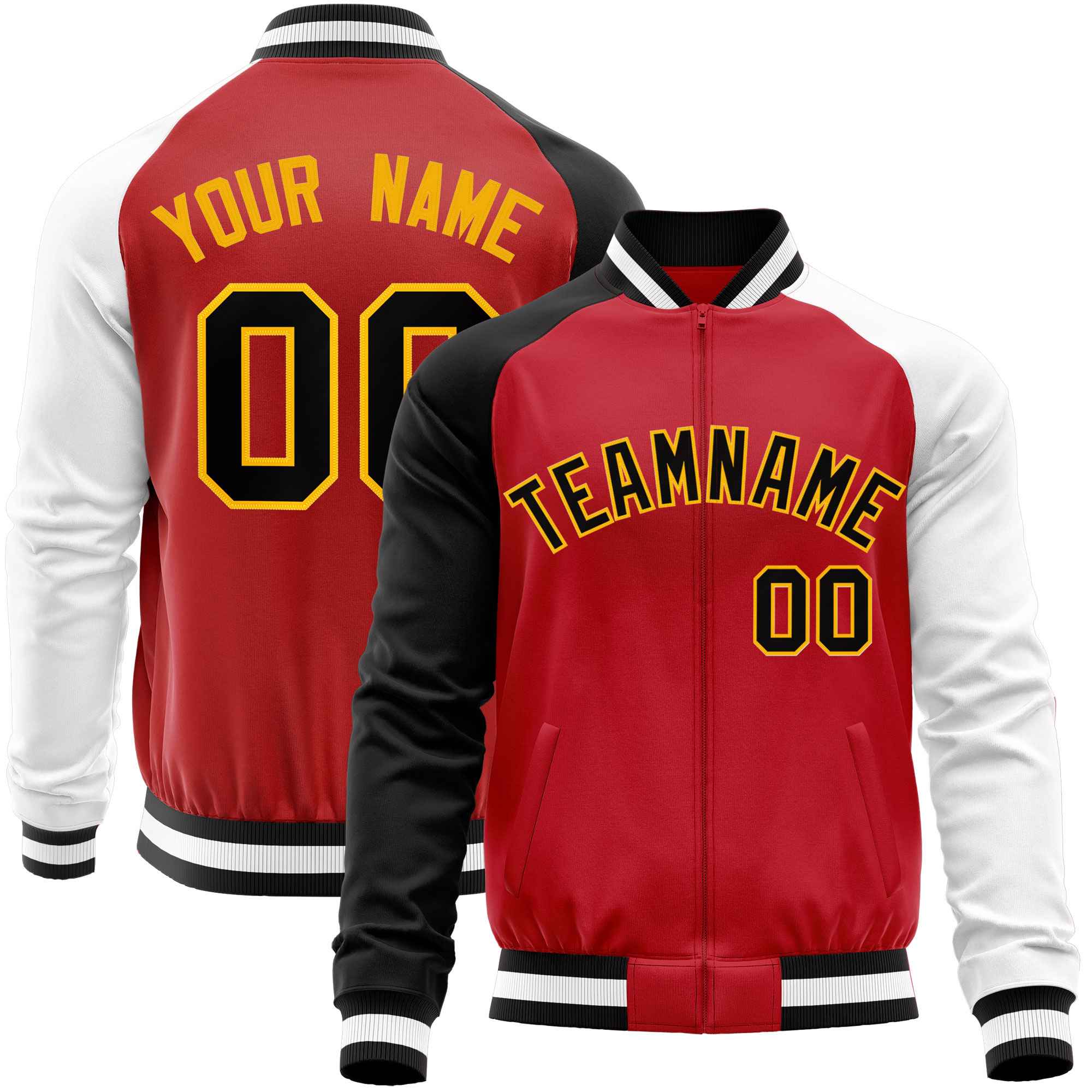 Custom Red White-Black Varsity Full-Zip Raglan Sleeves Letterman Baseball Jacket