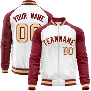 Custom White Crimson Varsity Full-Zip Raglan Sleeves Letterman Baseball Jacket