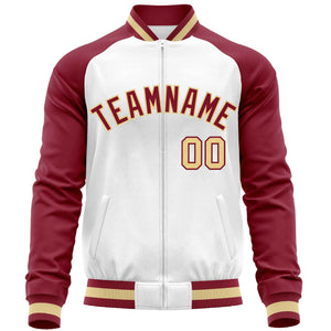 Custom White Crimson Varsity Full-Zip Raglan Sleeves Letterman Baseball Jacket