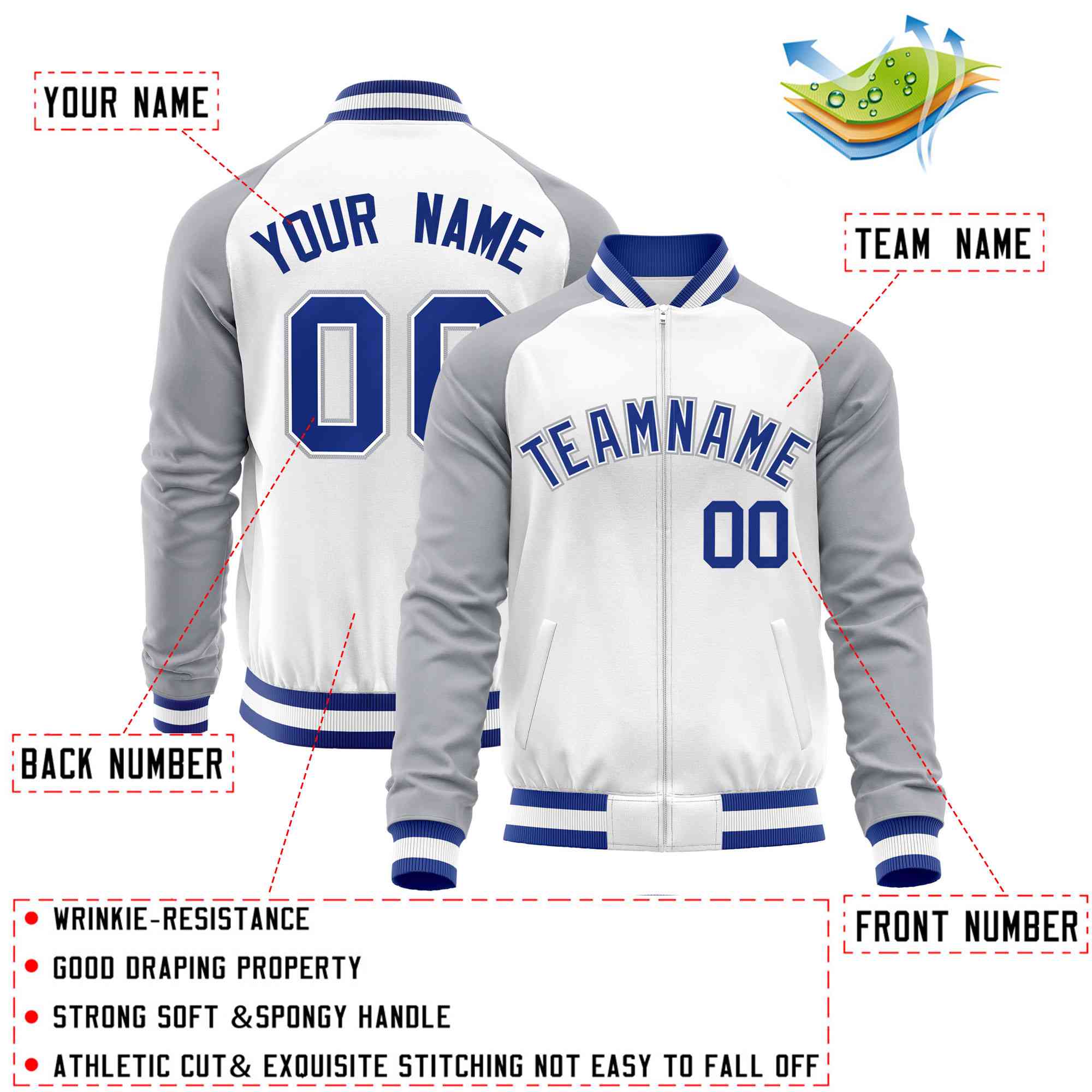 Custom White Gray Varsity Full-Zip Raglan Sleeves Letterman Baseball Jacket