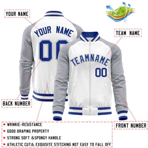 Custom White Gray Varsity Full-Zip Raglan Sleeves Letterman Baseball Jacket