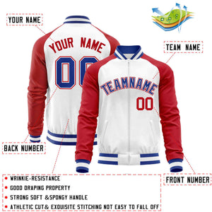 Custom White Red Varsity Full-Zip Raglan Sleeves Letterman Baseball Jacket