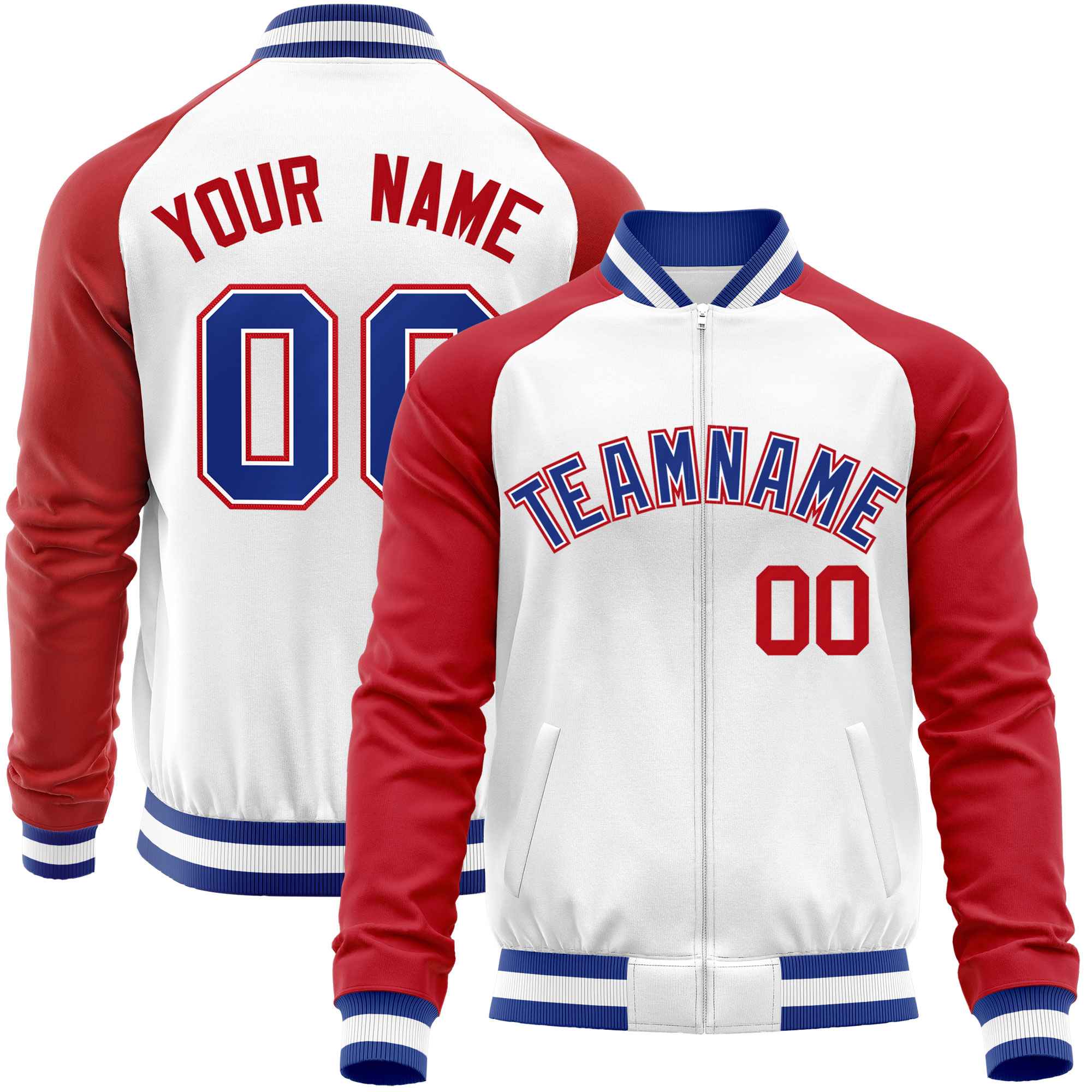 Custom White Red Varsity Full-Zip Raglan Sleeves Letterman Baseball Jacket