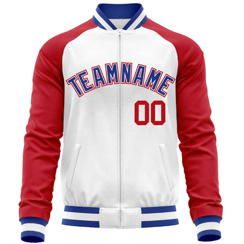 Custom White Red Varsity Full-Zip Raglan Sleeves Letterman Baseball Jacket