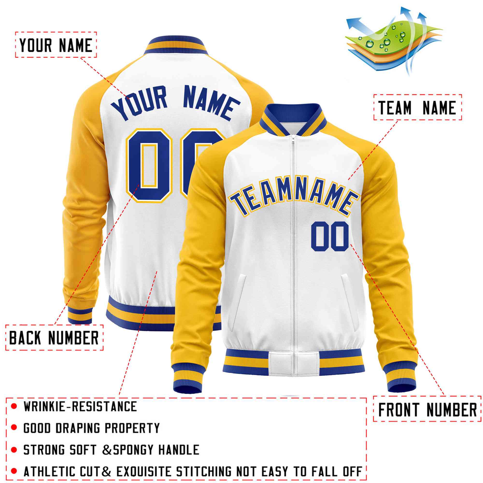 Custom White Yellow Varsity Full-Zip Raglan Sleeves Letterman Baseball Jacket