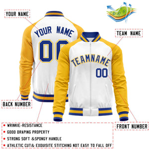 Custom White Yellow Varsity Full-Zip Raglan Sleeves Letterman Baseball Jacket