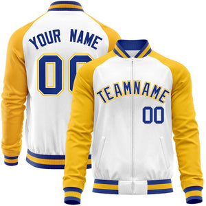 Custom White Yellow Varsity Full-Zip Raglan Sleeves Letterman Baseball Jacket