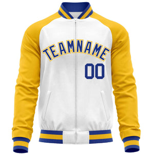 Custom White Yellow Varsity Full-Zip Raglan Sleeves Letterman Baseball Jacket