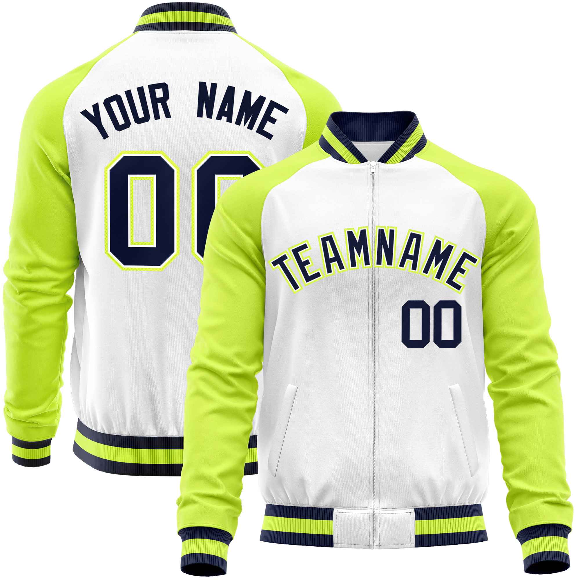 Custom White Neon Green Varsity Full-Zip Raglan Sleeves Letterman Baseball Jacket