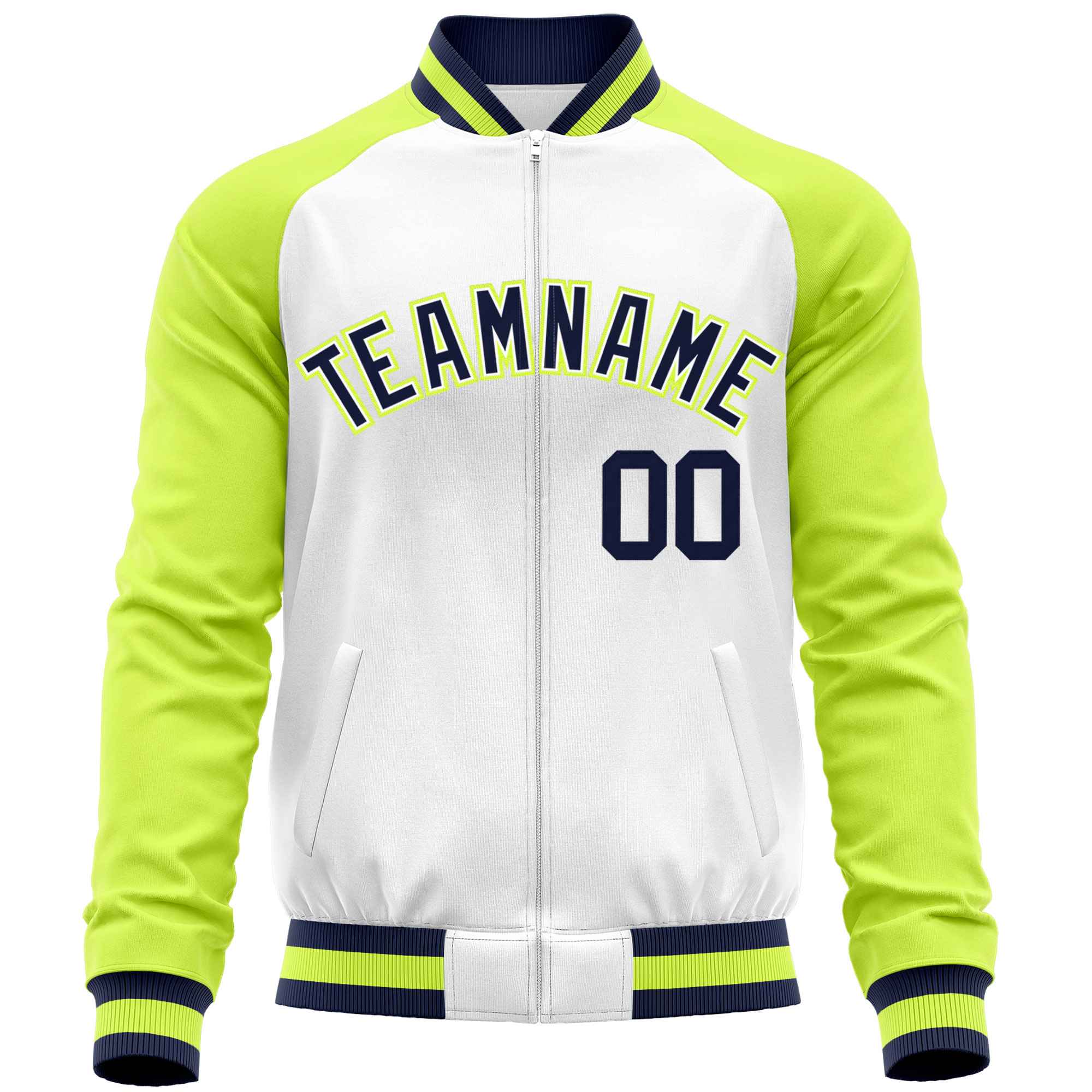 Custom White Neon Green Varsity Full-Zip Raglan Sleeves Letterman Baseball Jacket