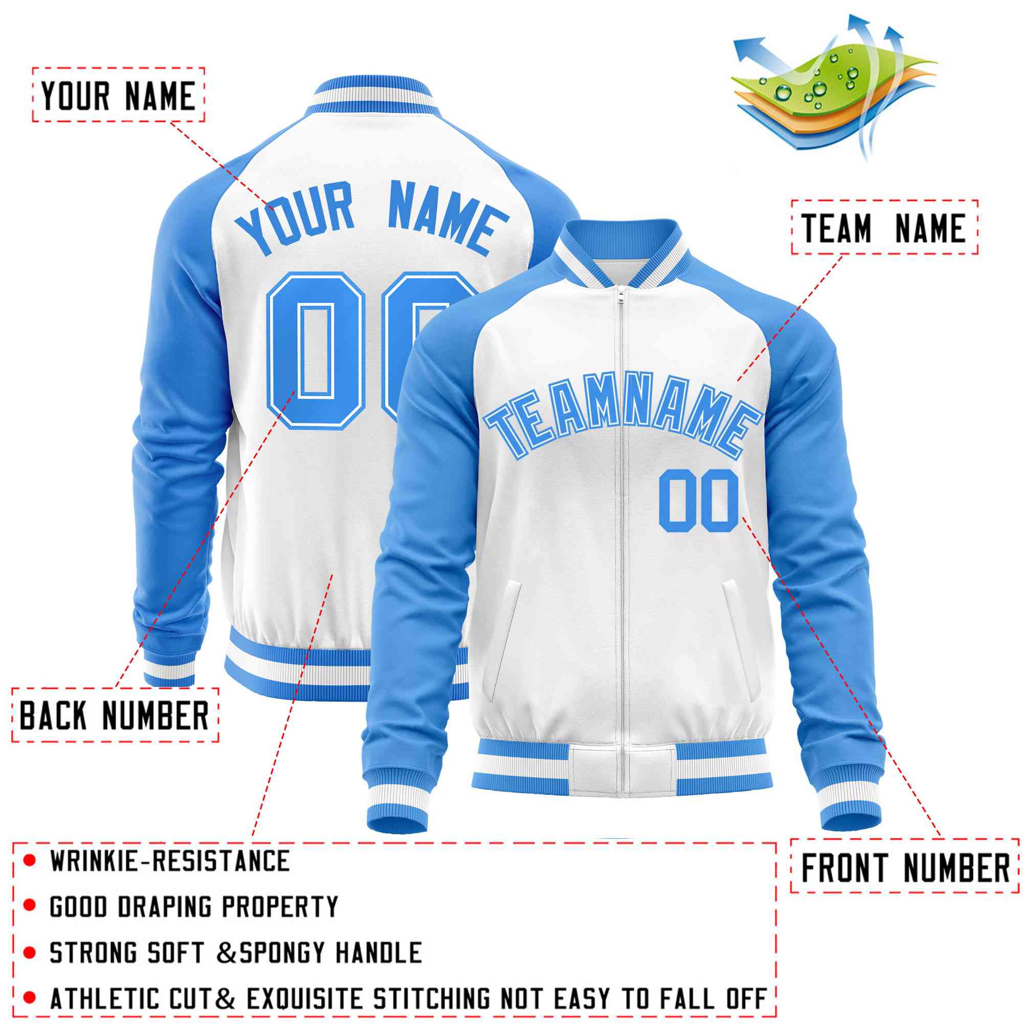 Custom White Powder Blue Varsity Full-Zip Raglan Sleeves Letterman Baseball Jacket