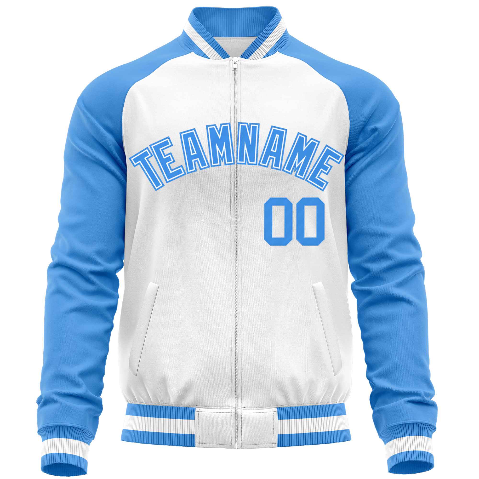 Custom White Powder Blue Varsity Full-Zip Raglan Sleeves Letterman Baseball Jacket