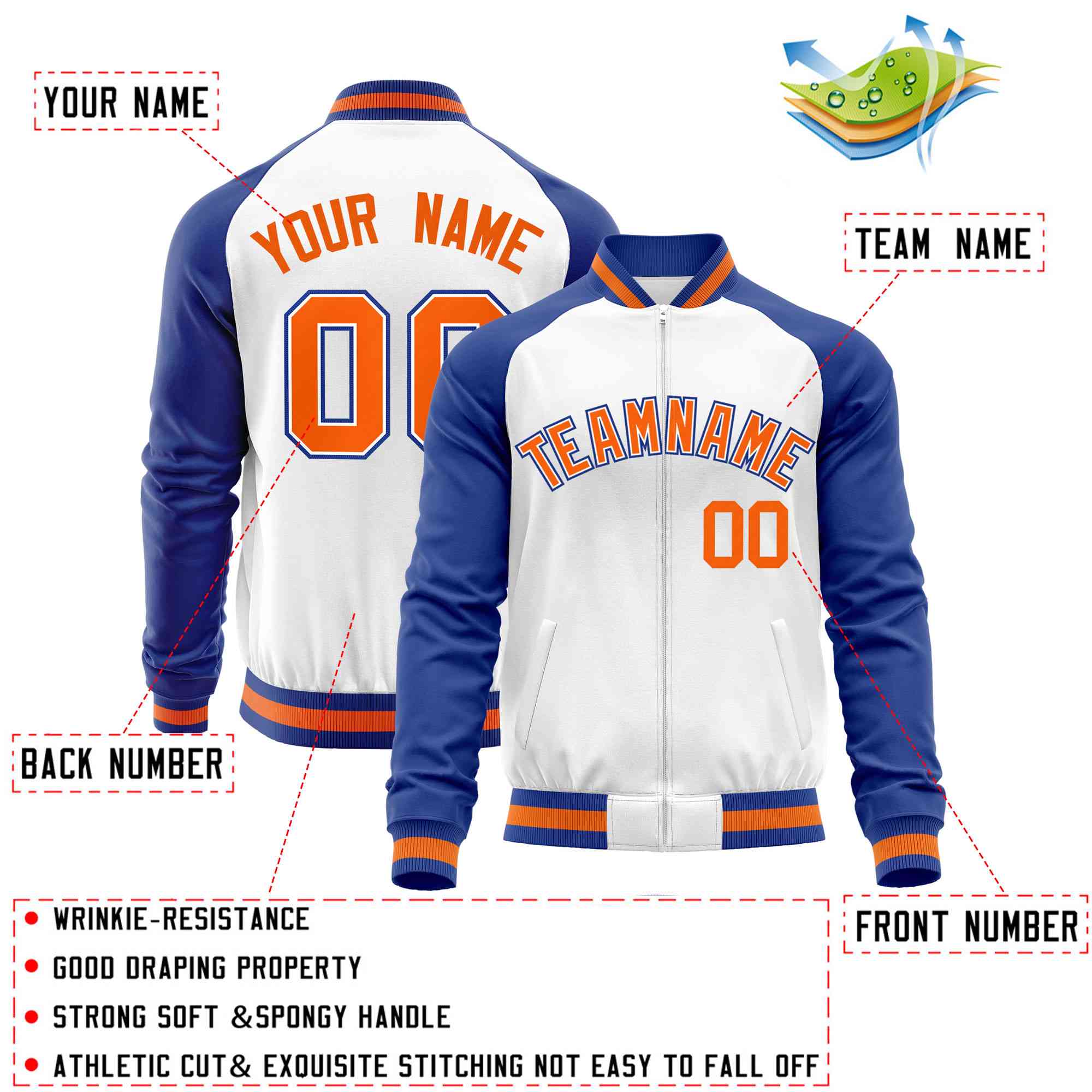 Custom White Royal Varsity Full-Zip Raglan Sleeves Letterman Baseball Jacket