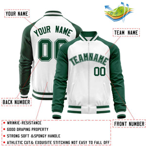 Custom White Green Varsity Full-Zip Raglan Sleeves Letterman Baseball Jacket