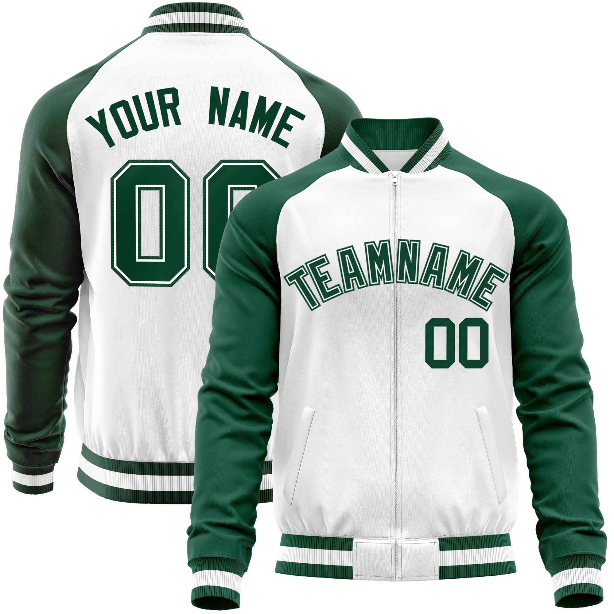 Custom White Green Varsity Full-Zip Raglan Sleeves Letterman Baseball Jacket