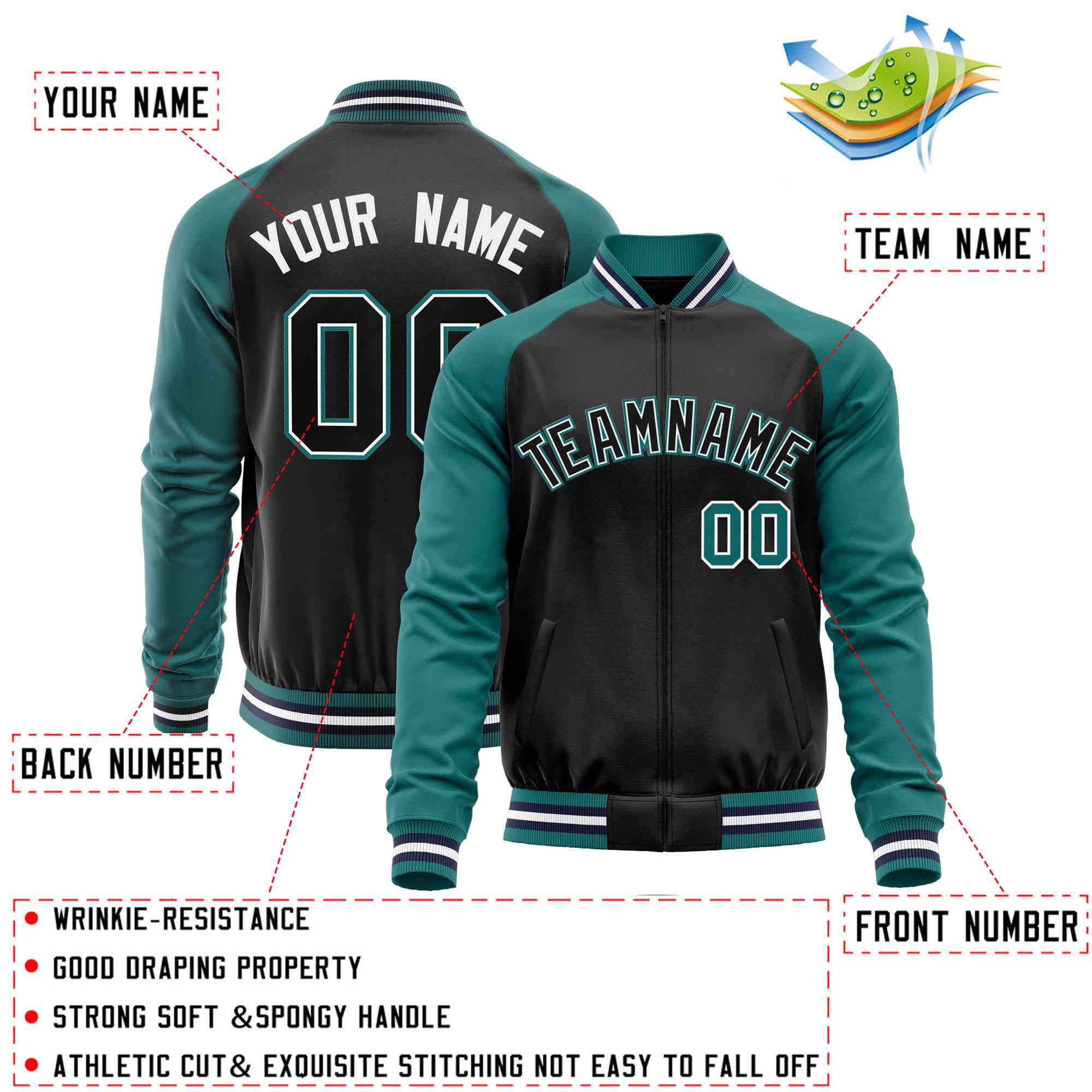 Custom Black Aqua Varsity Full-Zip Raglan Sleeves Letterman Baseball Jacket