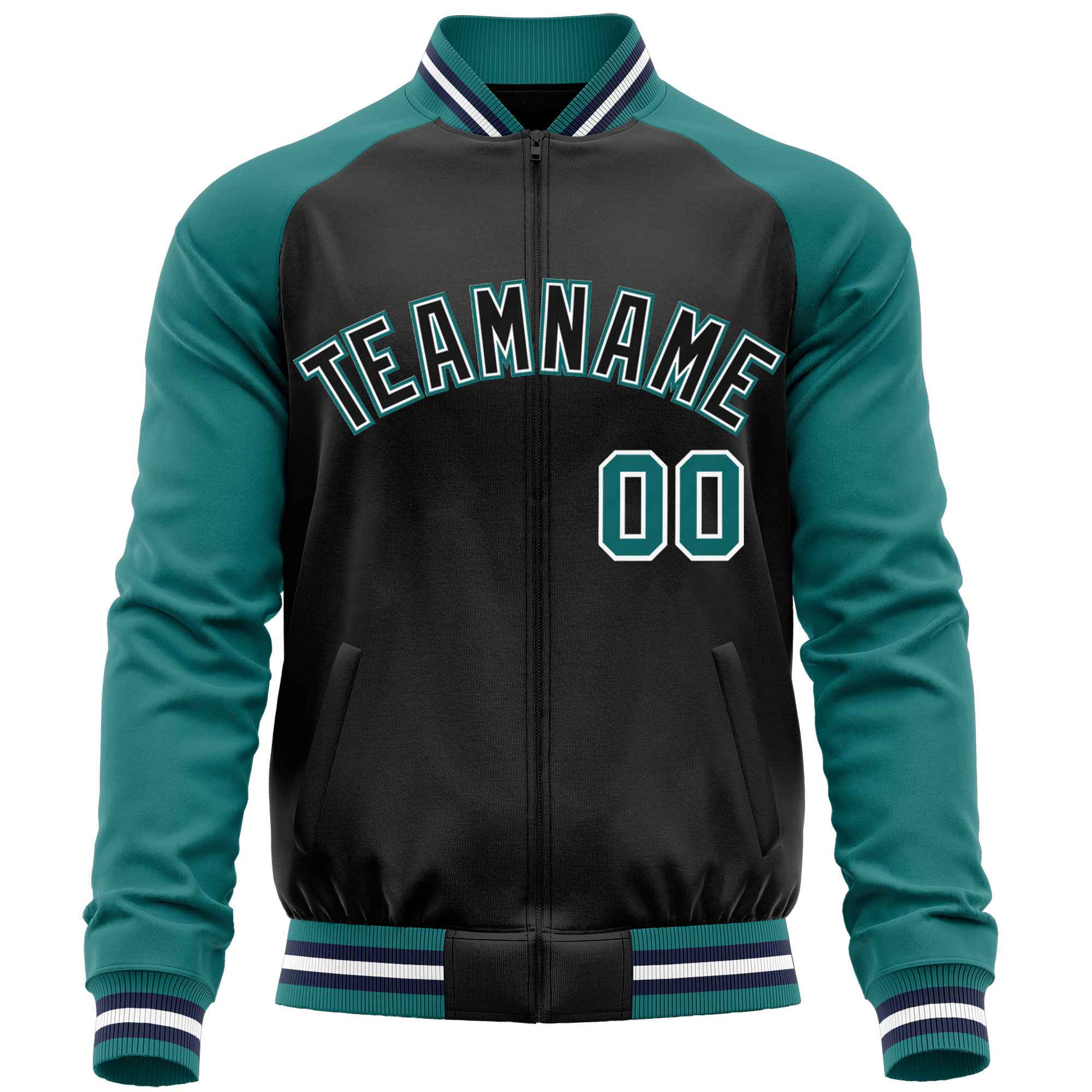 Custom Black Aqua Varsity Full-Zip Raglan Sleeves Letterman Baseball Jacket