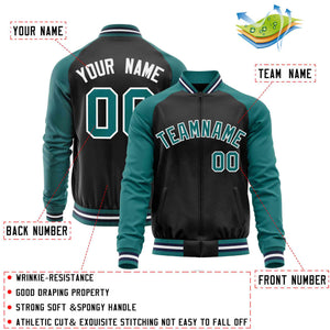 Custom Black Aqua Varsity Full-Zip Raglan Sleeves Letterman Baseball Jacket