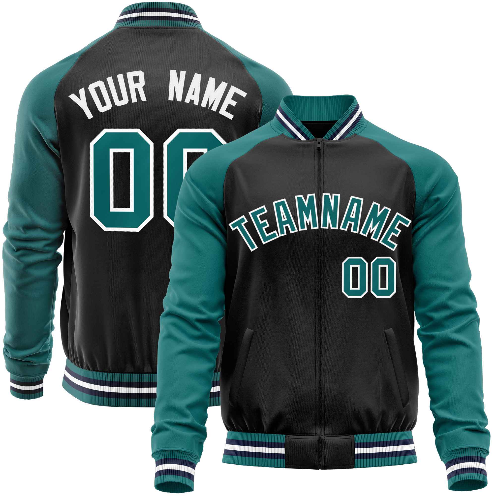 Custom Black Aqua Varsity Full-Zip Raglan Sleeves Letterman Baseball Jacket