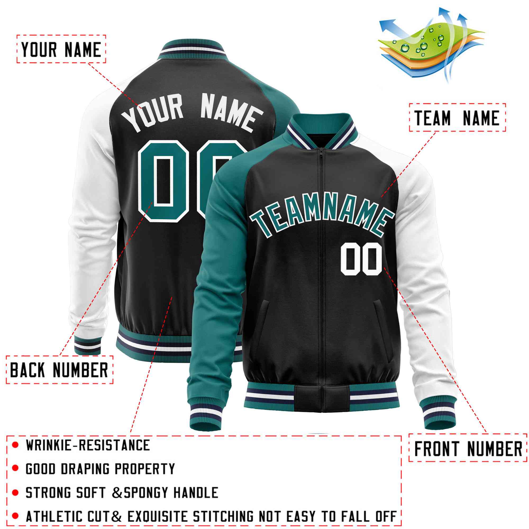 Custom Black White-Aqua Varsity Full-Zip Raglan Sleeves Letterman Baseball Jacket