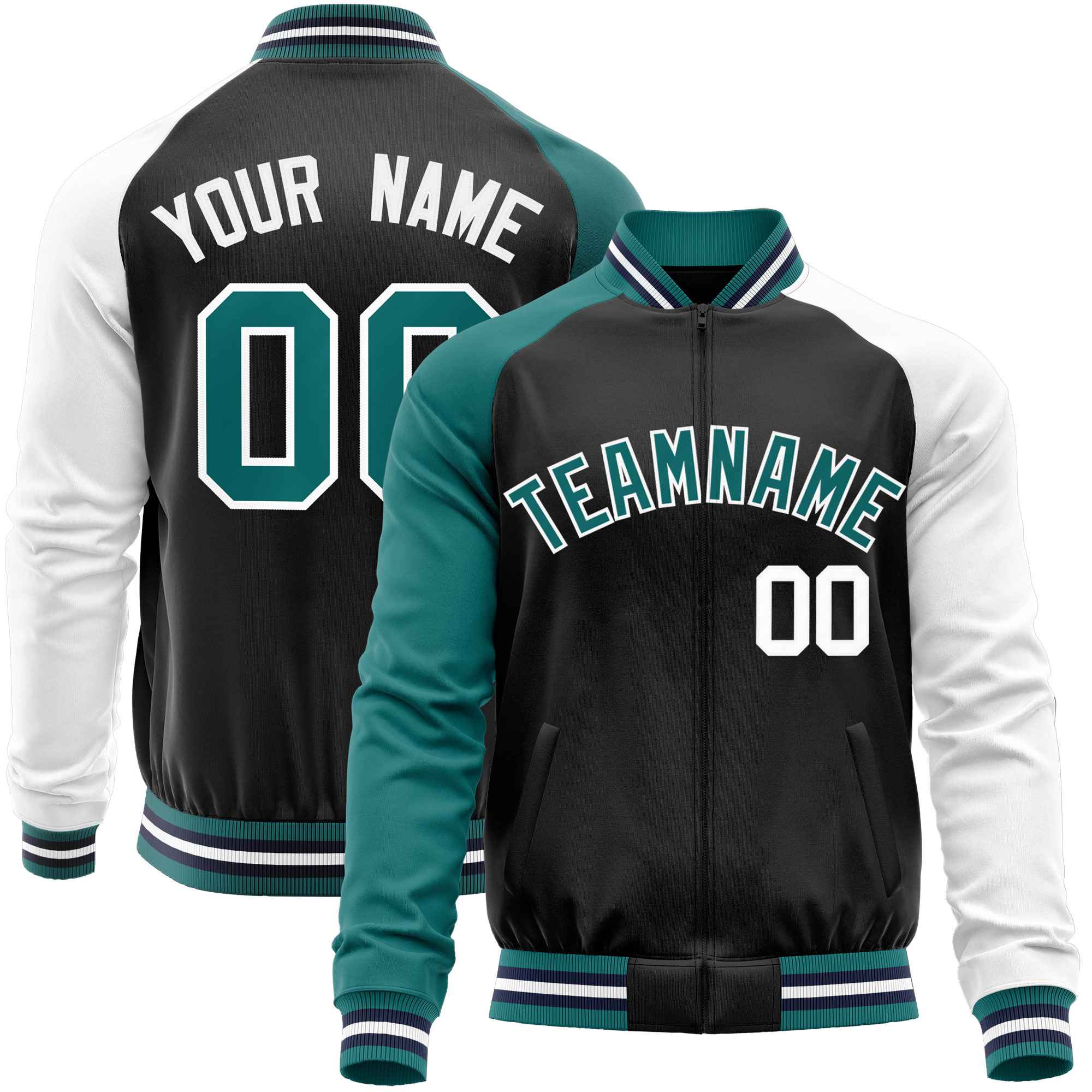 Custom Black White-Aqua Varsity Full-Zip Raglan Sleeves Letterman Baseball Jacket