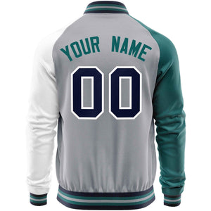 Custom Gray White-Aqua Varsity Full-Zip Raglan Sleeves Letterman Baseball Jacket