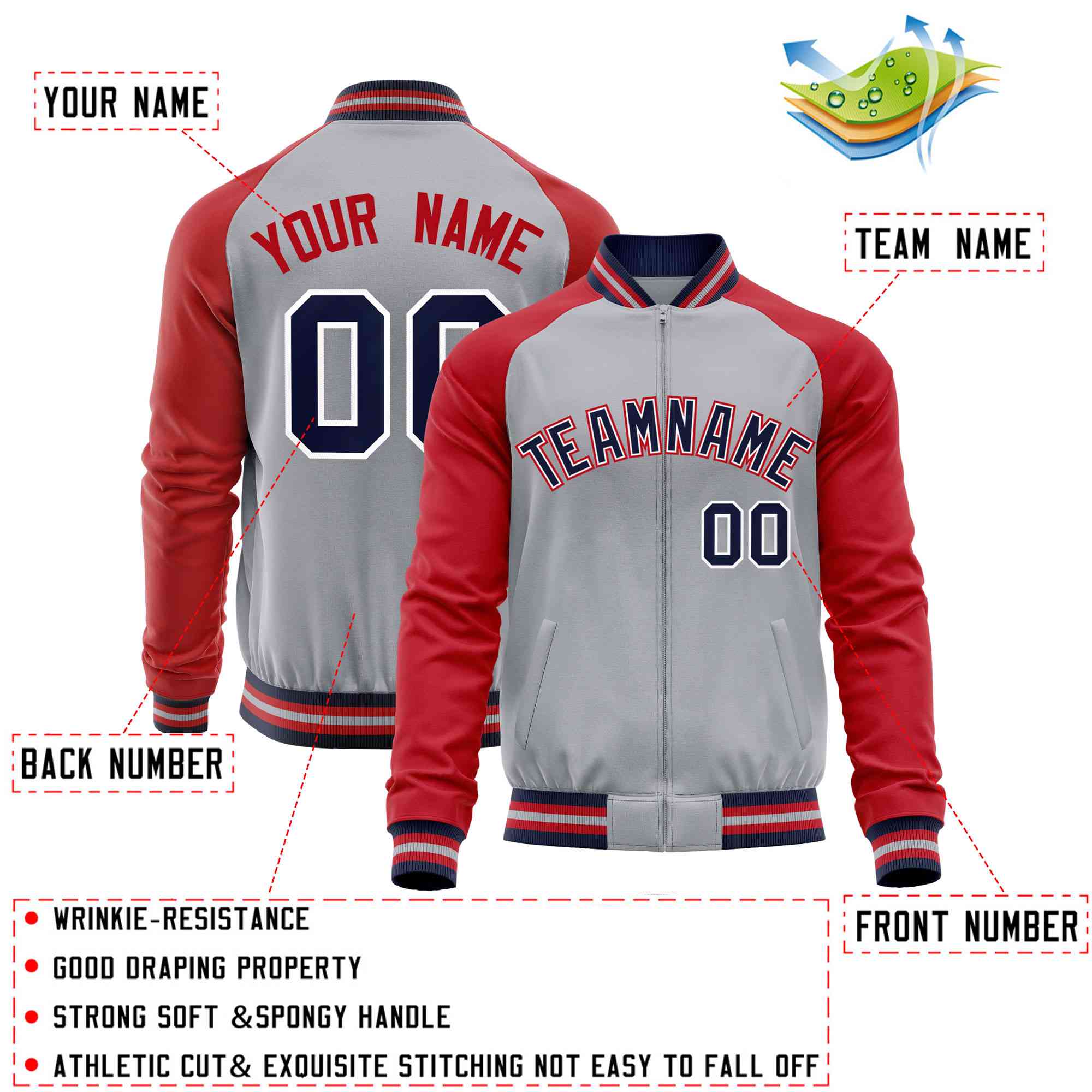 Custom Gray Red Varsity Full-Zip Raglan Sleeves Letterman Baseball Jacket