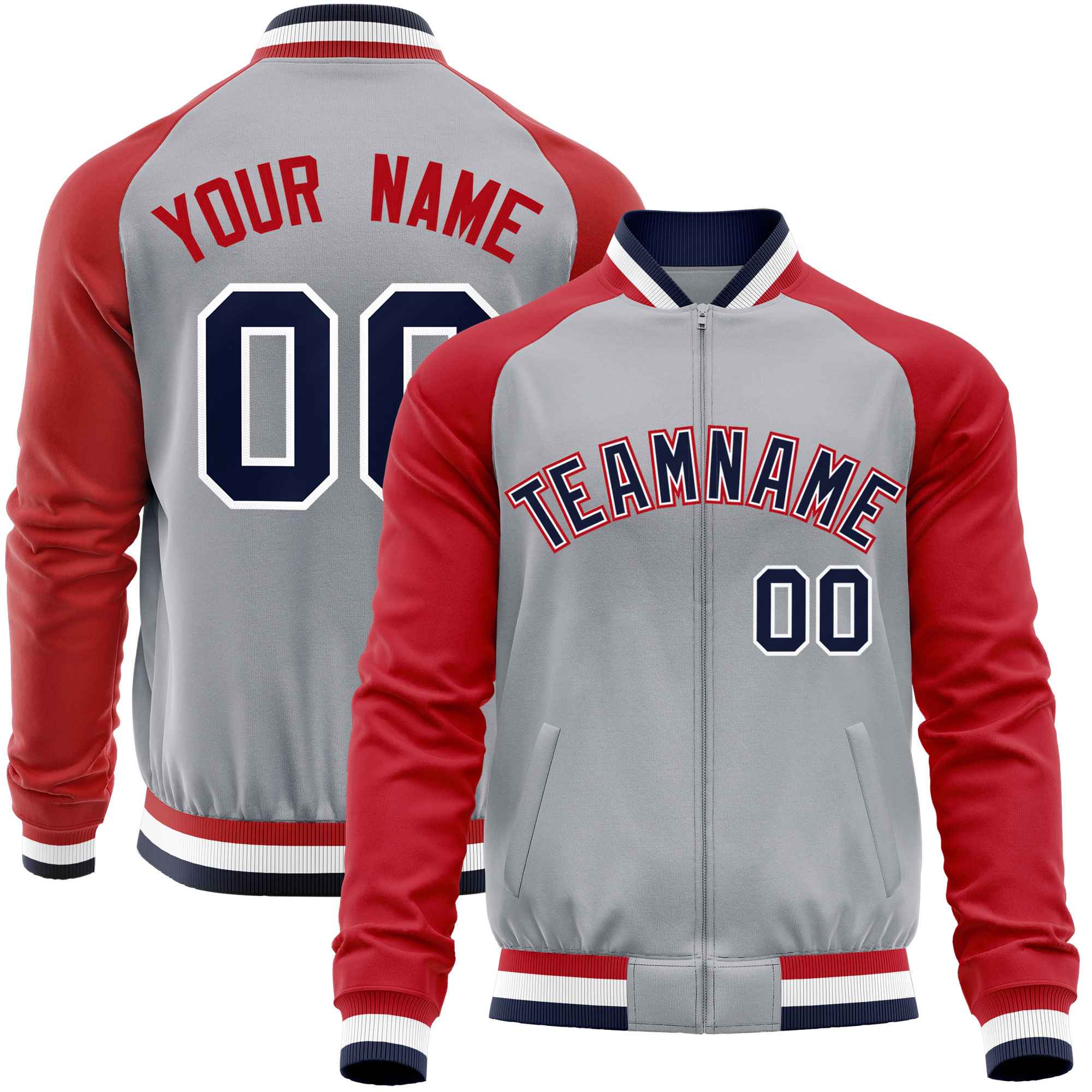 Custom Gray Red Varsity Full-Zip Raglan Sleeves Letterman Baseball Jacket